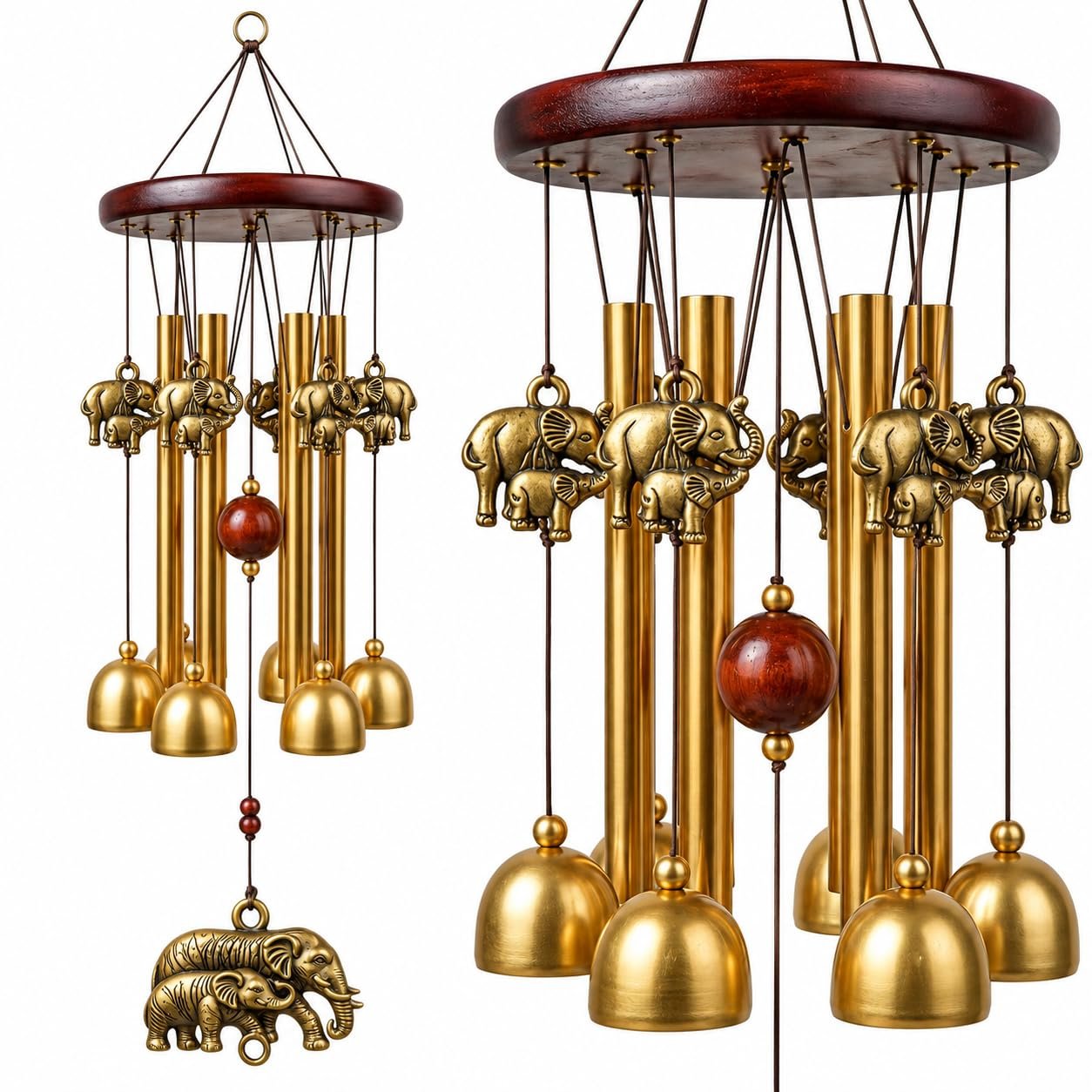 Elephant Wind Chime with 6 Elephant Charms, 4 Golden Pipes & 4 Bells (21 Inch)